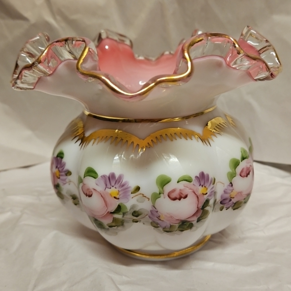 Fenton Charleton Rose Peach Crest Melon Ruffled Rim Vase - Picture 4 of 8